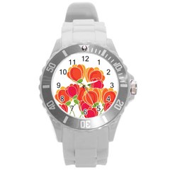 Orange Flowers  Round Plastic Sport Watch (l)