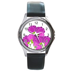 Purple Flowers Round Metal Watch