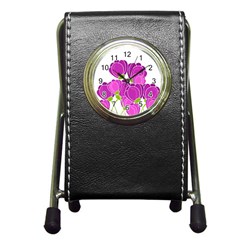 Purple Flowers Pen Holder Desk Clocks by Valentinaart