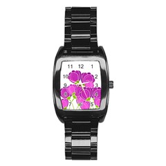 Purple Flowers Stainless Steel Barrel Watch