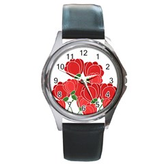 Red Floral Design Round Metal Watch