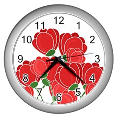 Red Floral Design Wall Clocks (silver) 