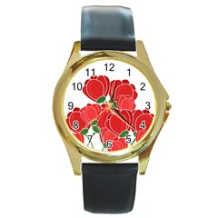 Red Floral Design Round Gold Metal Watch