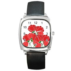 Red Floral Design Square Metal Watch by Valentinaart