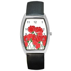 Red Floral Design Barrel Style Metal Watch by Valentinaart