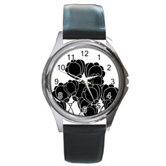 Black Flowers Round Metal Watch by Valentinaart