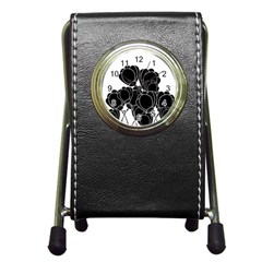 Black Flowers Pen Holder Desk Clocks