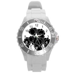 Black Flowers Round Plastic Sport Watch (l) by Valentinaart