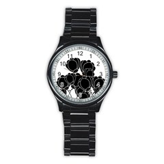 Black Flowers Stainless Steel Round Watch by Valentinaart