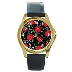 Red Roses Round Gold Metal Watch by Valentinaart