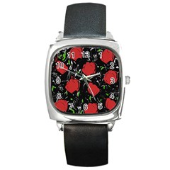 Red Roses Square Metal Watch