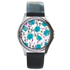 Cyan Roses Round Metal Watch by Valentinaart