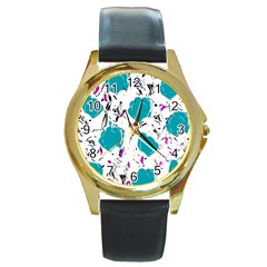 Cyan Roses Round Gold Metal Watch by Valentinaart