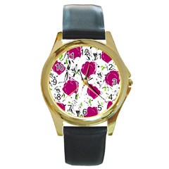 Magenta Roses Round Gold Metal Watch