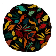 Colorful Leaves Design On Black Background  Large 18  Premium Flano Round Cushions by GabriellaDavid