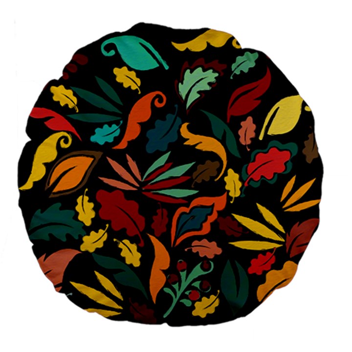 Colorful Leaves Design On Black Background  Large 18  Premium Flano Round Cushions