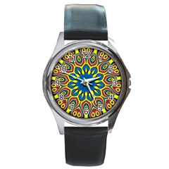 Yellow Flower Mandala Round Metal Watch by designworld65