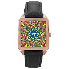 Yellow Flower Mandala Rose Gold Leather Watch  by designworld65