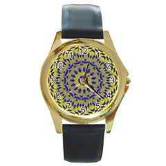 Yellow Blue Gold Mandala Round Gold Metal Watch by designworld65