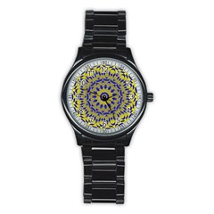 Yellow Blue Gold Mandala Stainless Steel Round Watch