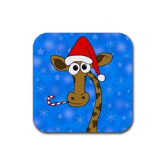 Xmas Giraffe - Blue Rubber Coaster (square)  by Valentinaart