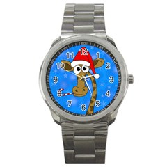 Xmas Giraffe - Blue Sport Metal Watch by Valentinaart