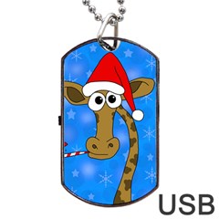 Xmas Giraffe - Blue Dog Tag Usb Flash (one Side) by Valentinaart