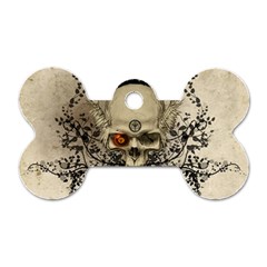 Awesome Skull With Flowers And Grunge Dog Tag Bone (one Side)