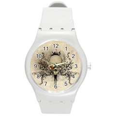 Awesome Skull With Flowers And Grunge Round Plastic Sport Watch (m)