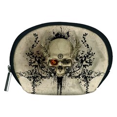 Awesome Skull With Flowers And Grunge Accessory Pouches (medium) 