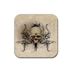 Awesome Skull With Flowers And Grunge Rubber Coaster (square) 