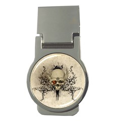 Awesome Skull With Flowers And Grunge Money Clips (round) 