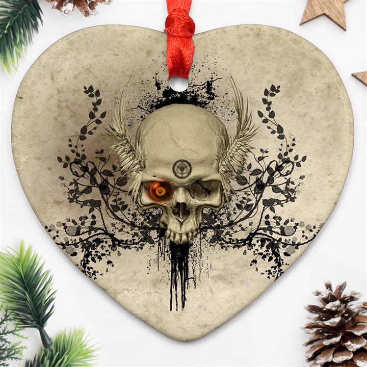 Awesome Skull With Flowers And Grunge Heart Ornament (2 Sides)