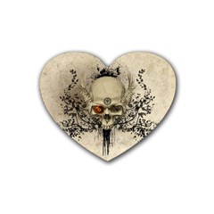 Awesome Skull With Flowers And Grunge Rubber Coaster (heart) 