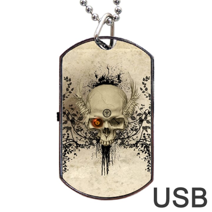 Awesome Skull With Flowers And Grunge Dog Tag USB Flash (Two Sides) 