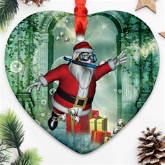 Funny Santa Claus In The Underwater World Heart Ornament (2 Sides)