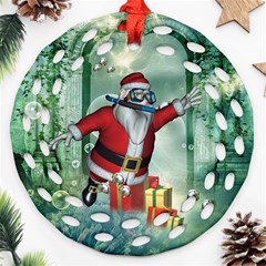 Funny Santa Claus In The Underwater World Round Filigree Ornament (2side)