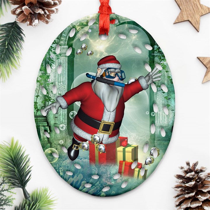 Funny Santa Claus In The Underwater World Ornament (Oval Filigree) 