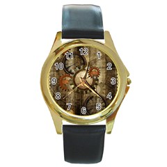 Wonderful Steampunk Design With Clocks And Gears Round Gold Metal Watch