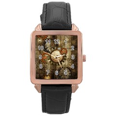 Wonderful Steampunk Design With Clocks And Gears Rose Gold Leather Watch 