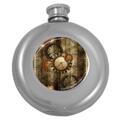 Wonderful Steampunk Design With Clocks And Gears Round Hip Flask (5 oz)