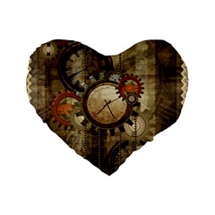 Wonderful Steampunk Design With Clocks And Gears Standard 16  Premium Heart Shape Cushions