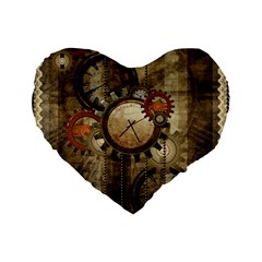 Wonderful Steampunk Design With Clocks And Gears Standard 16  Premium Flano Heart Shape Cushions