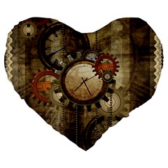 Wonderful Steampunk Design With Clocks And Gears Large 19  Premium Flano Heart Shape Cushions