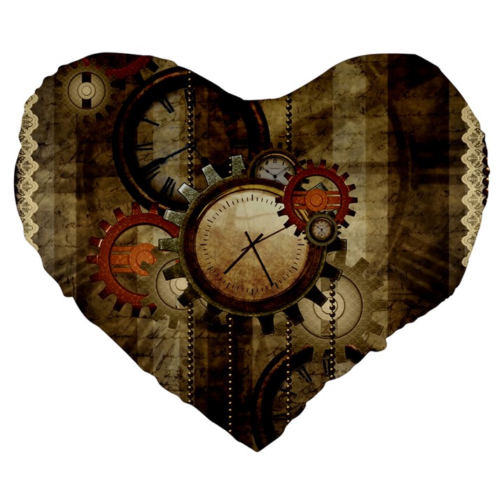 Wonderful Steampunk Design With Clocks And Gears Large 19  Premium Flano Heart Shape Cushions