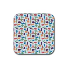 Blue Colorful Cats Silhouettes Pattern Rubber Coaster (square) 