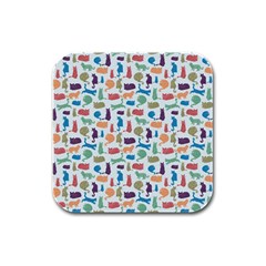 Blue Colorful Cats Silhouettes Pattern Rubber Square Coaster (4 Pack) 