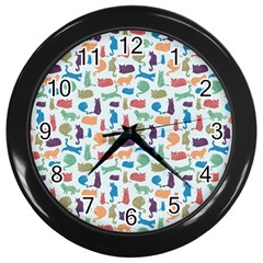 Blue Colorful Cats Silhouettes Pattern Wall Clocks (black) by Contest580383