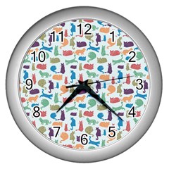 Blue Colorful Cats Silhouettes Pattern Wall Clocks (silver)  by Contest580383