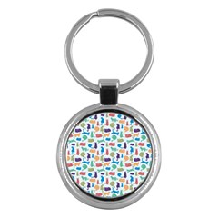 Blue Colorful Cats Silhouettes Pattern Key Chains (round) 